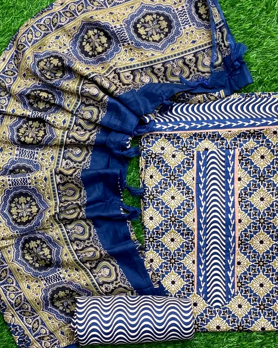 Indigo and navy printed cotton with medallion motifs and a gold-toned border