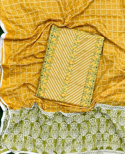 Marigold-yellow checked cotton with a green printed border piece