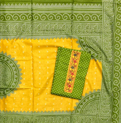 Mustard and green printed cotton with a fine embroidered panel