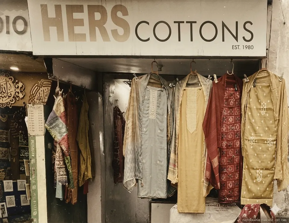 The Hers Cottons shopfront, its sign reading Hers Cottons Est. 1980, with garments on rails inside